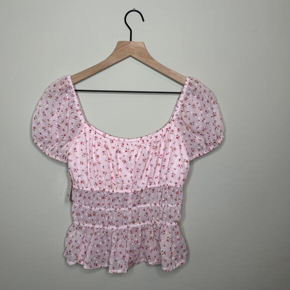 NWT Francesca's Mi Ami Pink Puff Sleeve Peplem Blouse - Picture 2 of 6